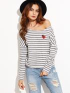 Shein Grey Striped Drop Shoulder Embroidered Sweatshirt With Pocket