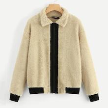 Shein Contrast Trim And Zip Placket Teddy Jacket