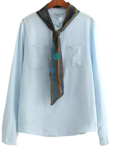 Shein Blue Long Sleeve Pockets Blouse With Scarve