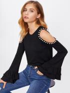 Shein Pearl Beading Open Shoulder Ruffle Cuff T-shirt