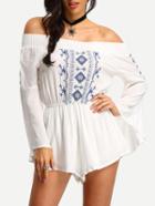 Shein White Embroidered Off-the-shoulder Bell Sleeve Romper