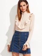 Shein Apricot Zip High Neck Bell Cuff Ruffle T-shirt