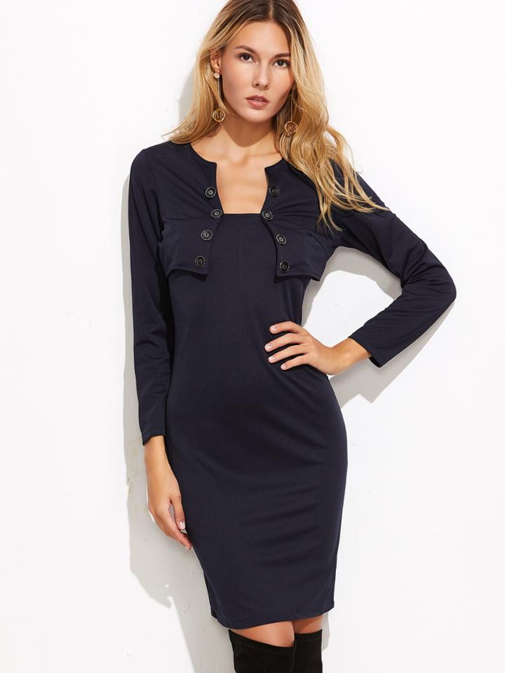 Shein Navy 2 In 1 Button Sheath Dress