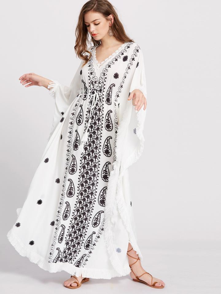 Shein Fringe Trim Paisley Print Dolman Sleeve Dress