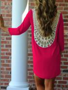 Shein Red Magenta Lace Crochet Appliques Shift Dress