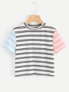 Shein Contrast Sleeve Striped Crop Ribbed Tee