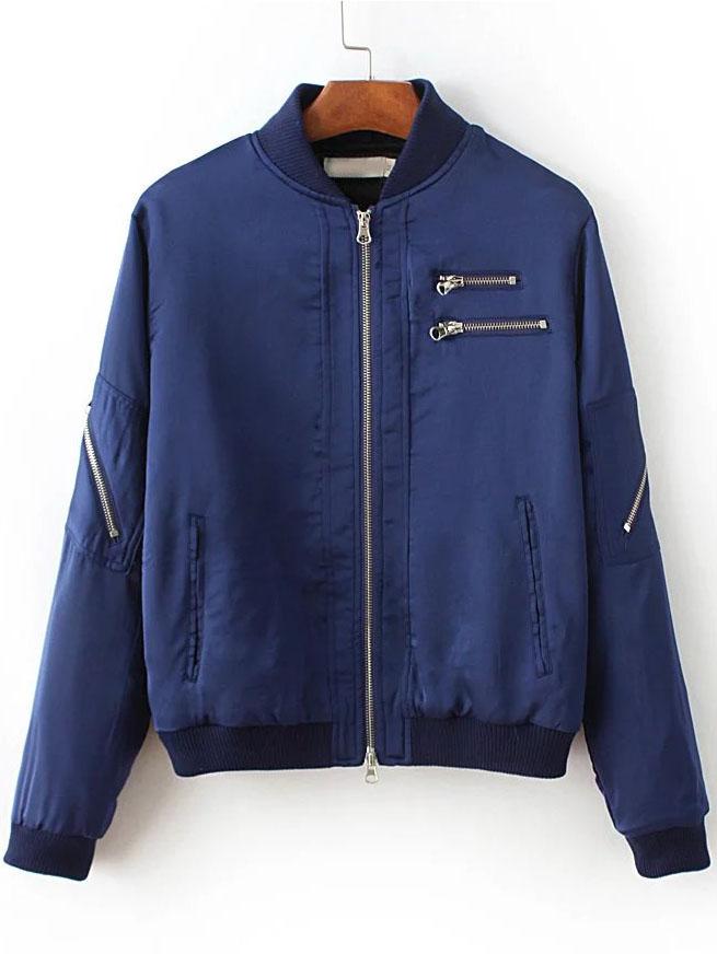 Shein Blue Multi Zipper Bomber Jacket