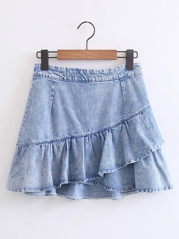 Shein Bleach Wash Ruffle Denim Skirt