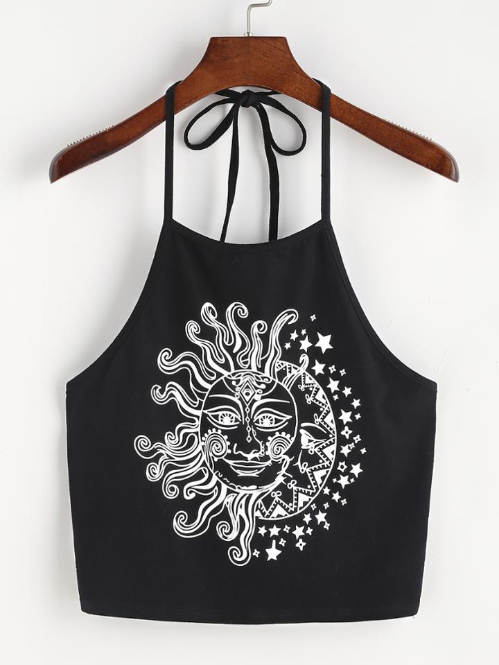 Shein Sun And Moon Print Halter Neck Top