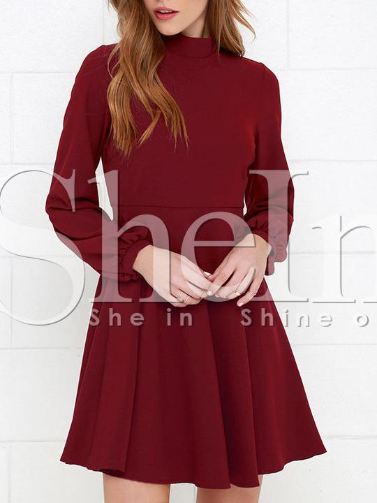 Shein Burgundy Mock Neck Keyhole Back Skater Dress