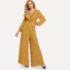 Shein Lace-up Neck Bishop Sleeve Wide Leg Ruffle Jumpsuit