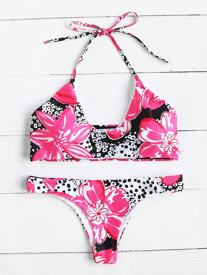 Shein Flower & Dot Print Halter Bikini Set