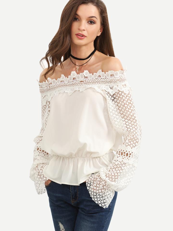 Shein Bardot Contrast Crochet Elasticized Waist Blouse