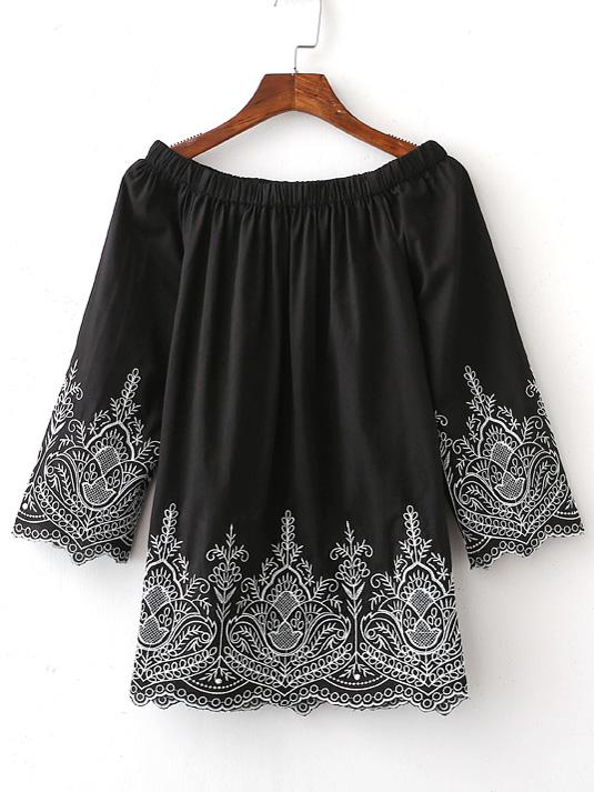 Shein Black Off The Shoulder Embroidery Blouse