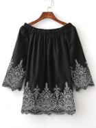 Shein Black Off The Shoulder Embroidery Blouse