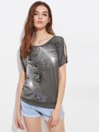 Shein Feather Print Split Shoulder Tee