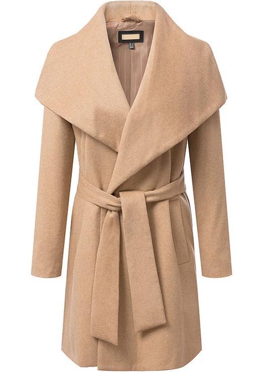Shein Khaki Lapel Long Sleeve Belt Woolen Coat