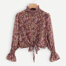 Shein Frill Detail Calico Print Knotted Blouse