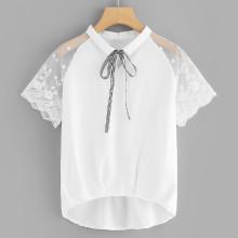 Shein Tie Neck Lace Raglan Sleeve Blouse