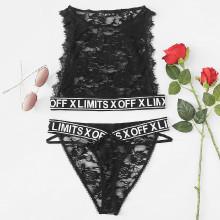 Shein Letter Print Trim Eyelash Lace Top & Panty Lingerie Set