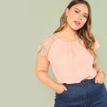 Shein Plus Gathered Neck Floral Lace Shoulder Top