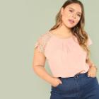 Shein Plus Gathered Neck Floral Lace Shoulder Top