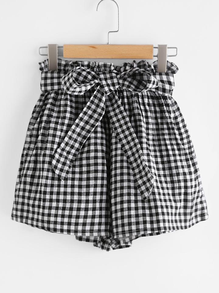 Shein Checked Elastic Waist Self Tie Front Shorts