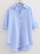 Shein Blue Roll-up Sleeve Lapel High Low Stripe Blouse