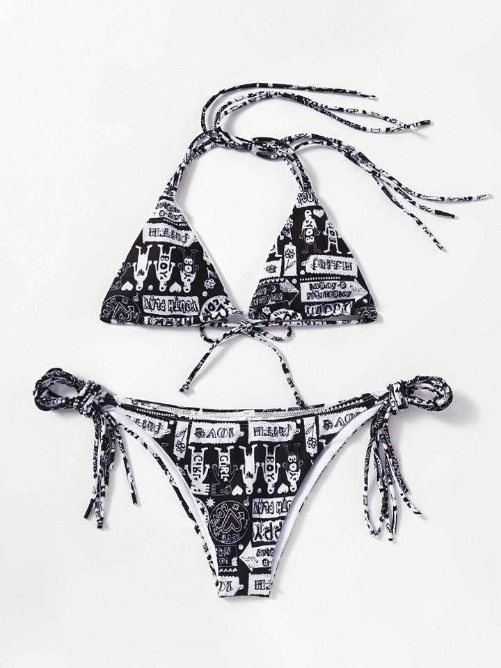 Shein Mixed Print Tie Side Halter Bikini Set