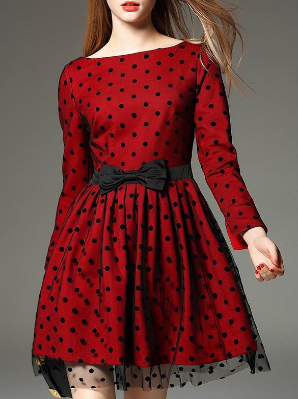Shein Red Boat Neck Contrast Gauze Bow Polka Dot Dress
