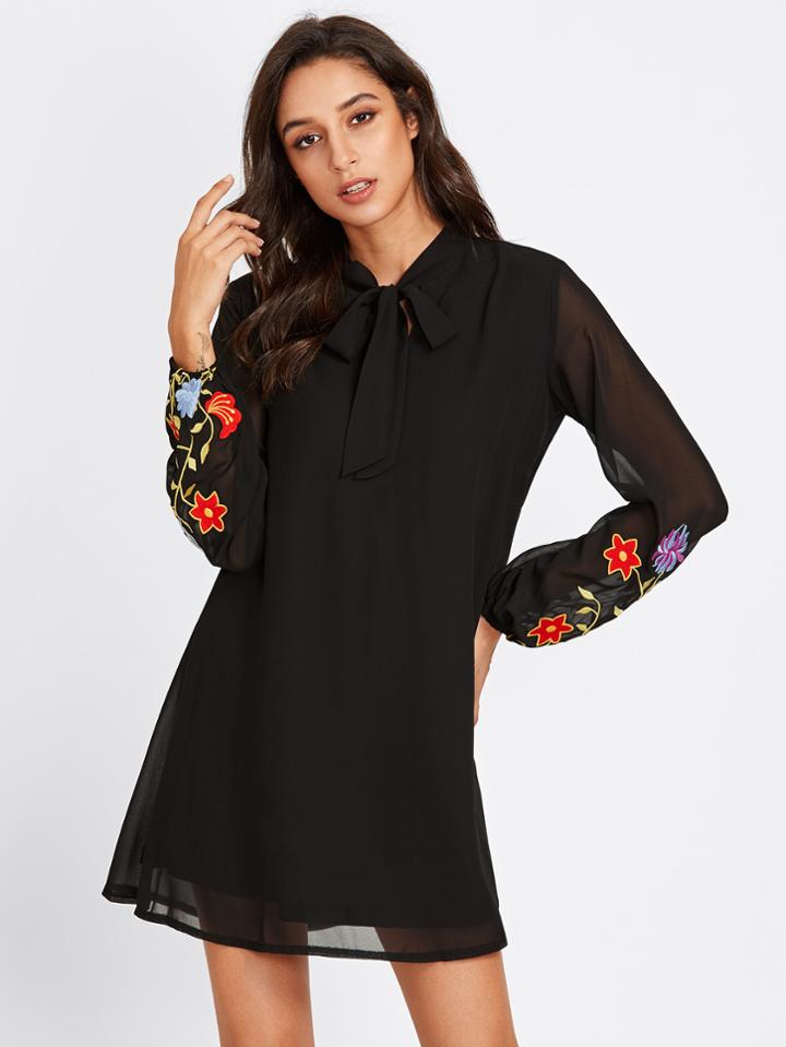 Shein Bow Tie Neck Flower Embroidered Dress