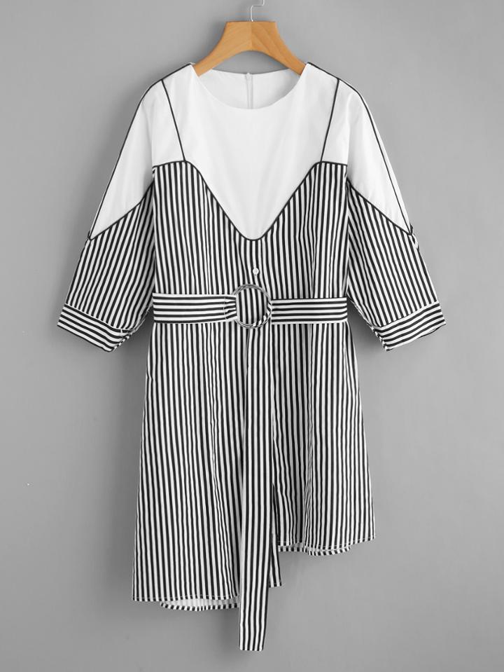 Shein Contrast Paneled Striped Asymmetric Dress With Belt