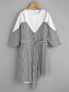 Shein Contrast Paneled Striped Asymmetric Dress With Belt