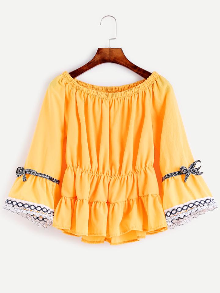 Shein Yellow Embroidered Tape Detail Shirred Peplum Top