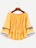 Shein Yellow Embroidered Tape Detail Shirred Peplum Top