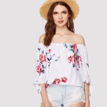 Shein Off Shoulder Floral Print Knot Tee