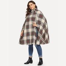 Shein Plus Cape Sleeve Button Detail Plaid Coat
