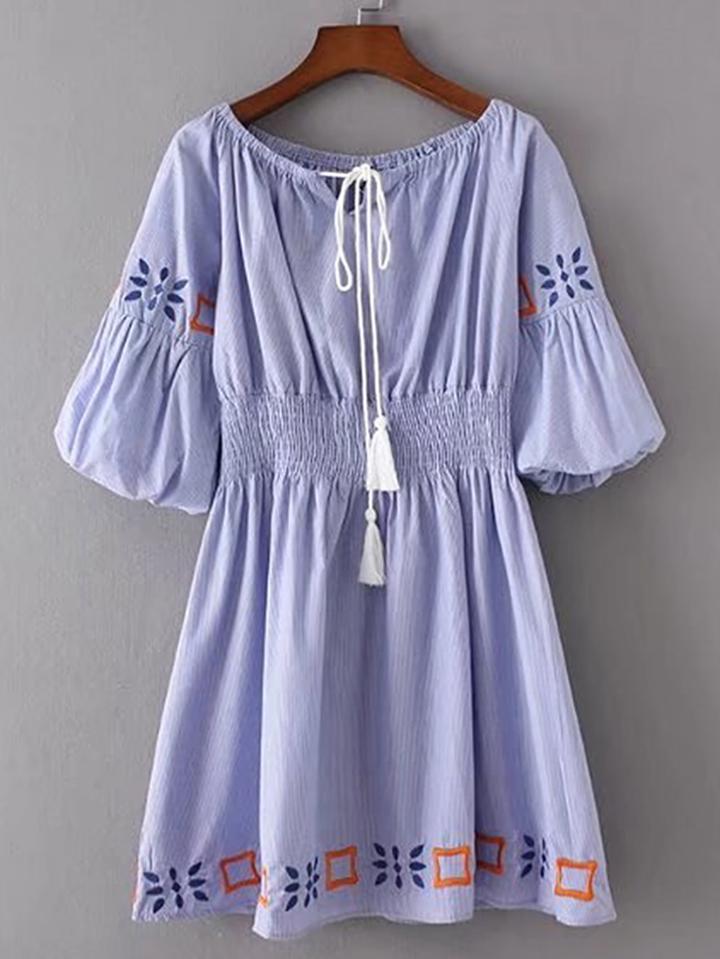 Shein Boat Neckline Embroidery Tassel Tie Dress