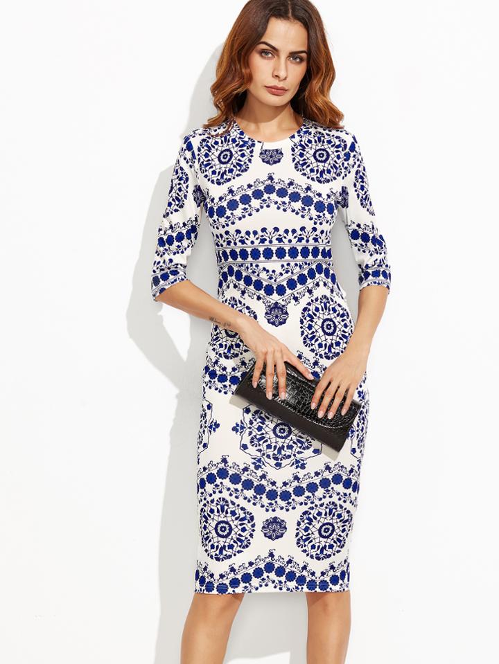 Shein Blue And White Porcelain Print Pencil Dress