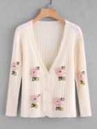Shein Pearl Embellished Floral Applique Sweater Coat