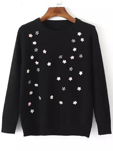 Shein Black Crew Neck Bead Slim Sweater