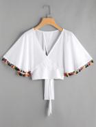 Shein Wrap V Neckline Fringe Trim Tie Back Top
