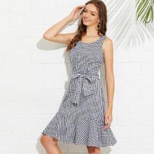 Shein Self Tie Flounce Hem Gingham Dress