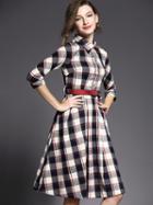 Shein Multicolor Lapel Length Sleeve Drawstring Dress