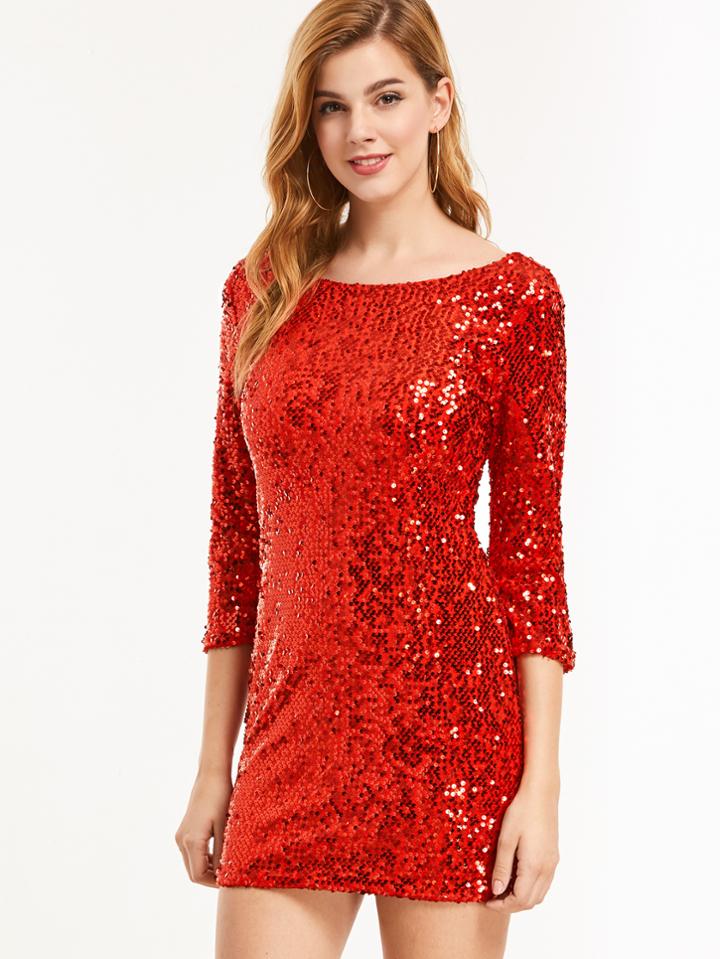 Shein Red Sequin V Back Bodycon Dress