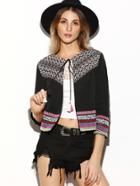 Shein Black Tribal Yoke Tie Neck Quilted Jacket With Embroidered Tape