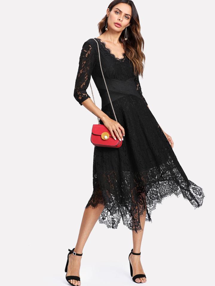 Shein Lace Overlay Asymmetric Hem Skater Dress