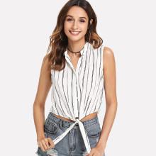 Shein Button Up Striped Knot Mock Top