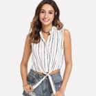 Shein Button Up Striped Knot Mock Top