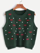 Shein Army Green Embroidered Slit Side Sweater Vest